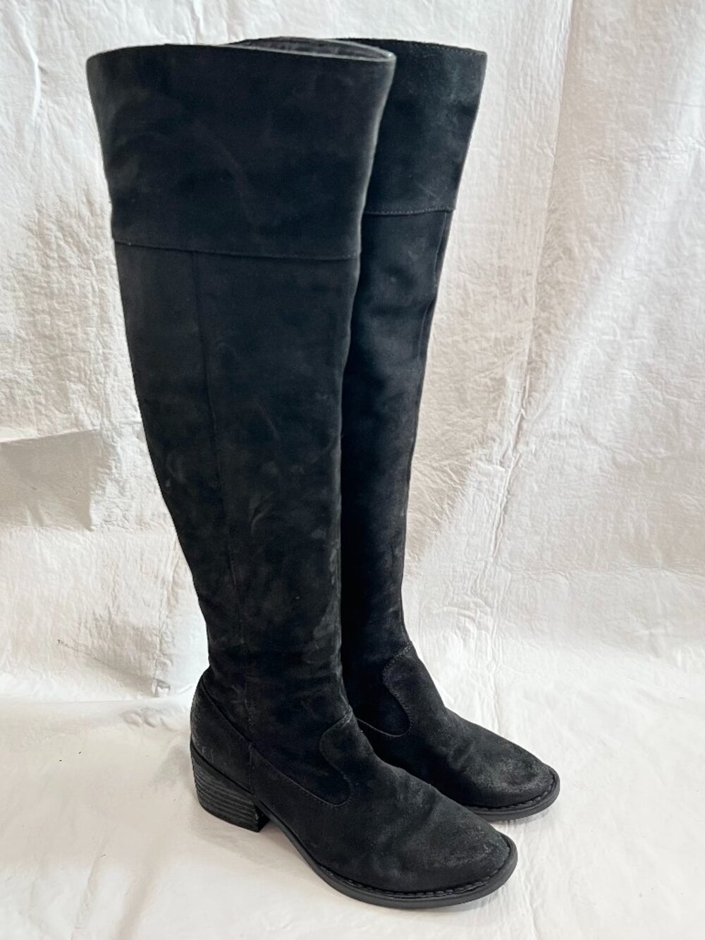 Born boots size 7 over the knee distressed black suede tall block heel zip